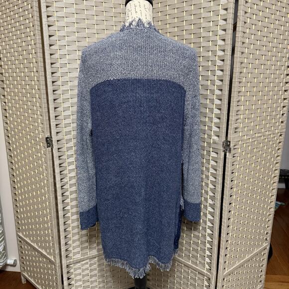 Chico’s Blocked Lace Denalia Cardigan Size 2/L Blue Patchwork Fringe Long Line - Picture 5 of 12